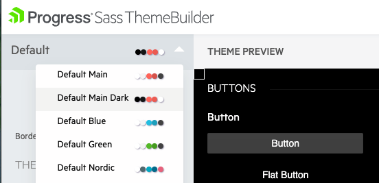 KendoReact theme builder screenshot showing available swatches