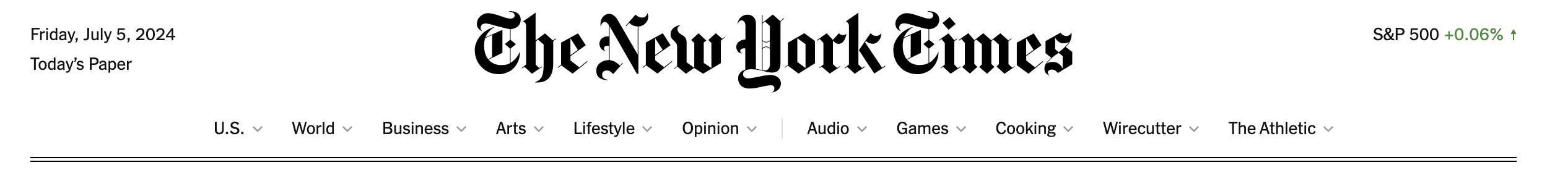 The New York Times website with navigation items U.S., World, Business, Arts, Lifestyle, Opinion, Audio, Games, Cooking, Wirecutter, The Athletic