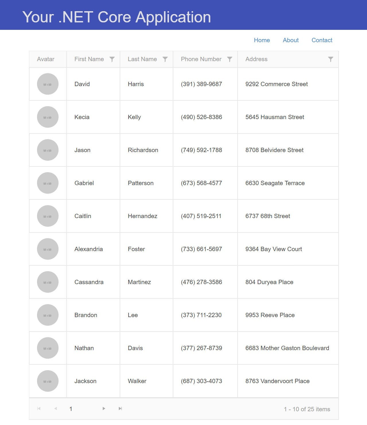 GenFu .NET Core Table with Kendo UI and Avatars