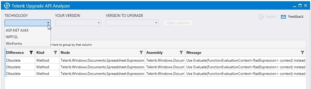 Telerik Upgrade API Analyzer with Message