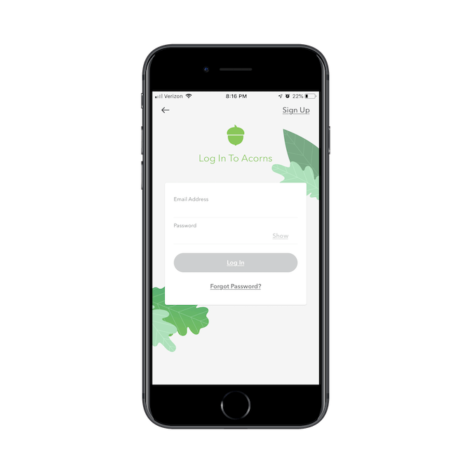 Acorns mobile app login screen