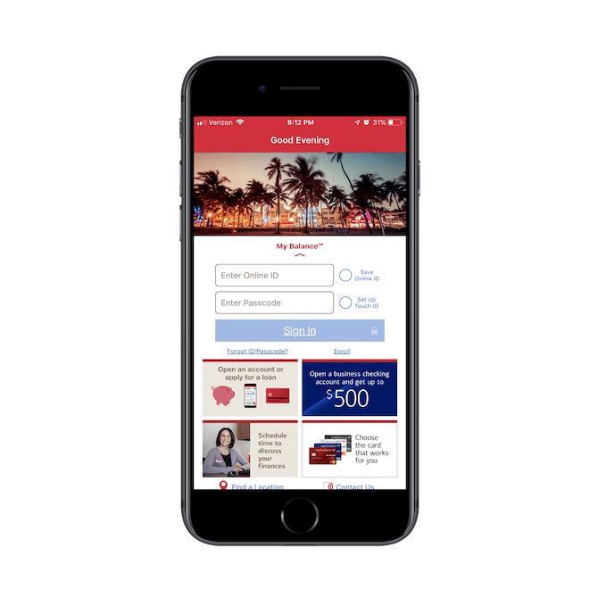 Bank of America app login page