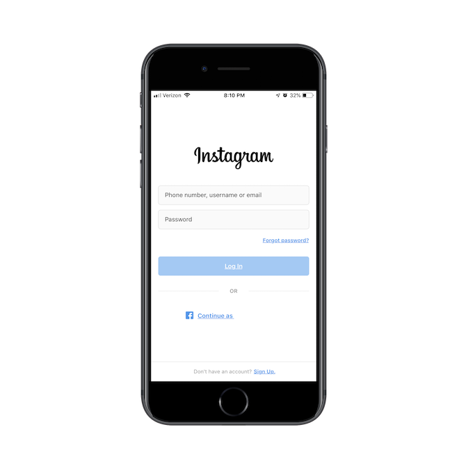 Instagram app login page