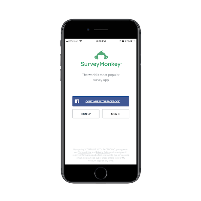 First login screen for SurveyMonkey