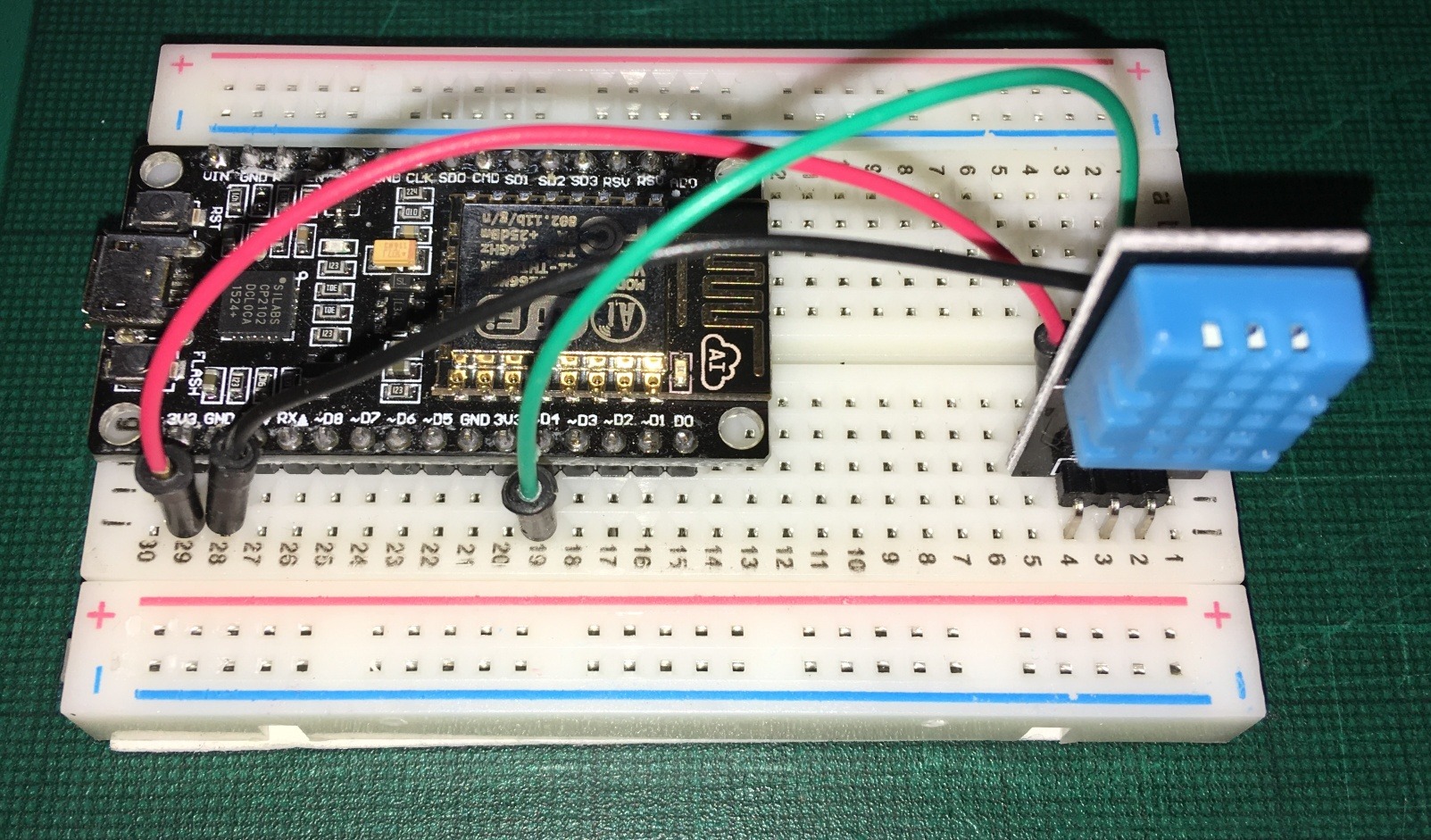 Schematic of the DHT temperature and humidity sensor connected to the NodeMCU