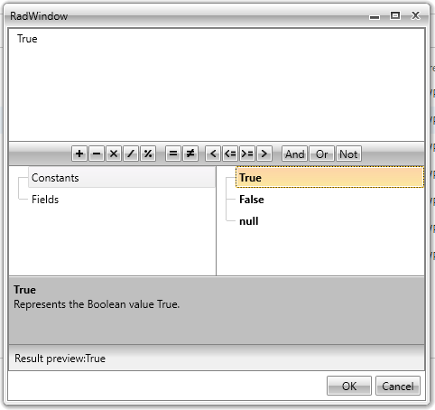 RemoveCategories RadExpressionEditor with some of the default categories removed.