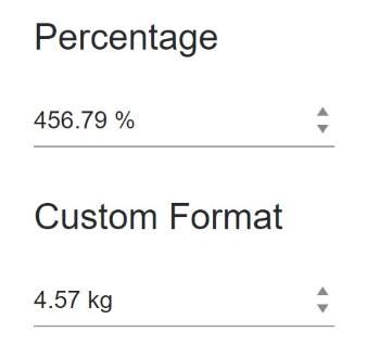 Telerik UI for Blazor NumericTextBox Two Telerik UI for Blazor Numeric Text Boxes. One with a built-in percentage format and the other with a custom kg format