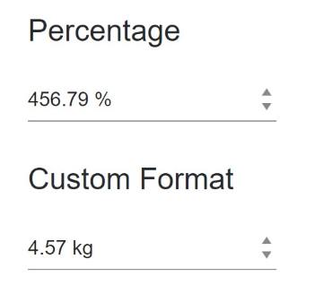 Two Telerik UI for Blazor Numeric Text Boxes. One with a built-in percentage format and the other with a custom kg format