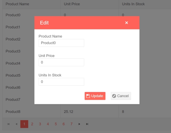 Telerik UI for Blazor data Grid with modal popup window editing a single row