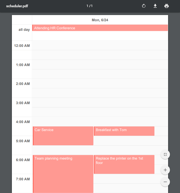 Kendo UI for Angular Scheduler Export to PDF Exported PDF document from a Kendo UI for Angular Scheduler instance