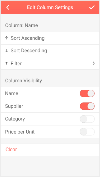 Telerik UI for ASP.NET MVC & Core Grid with adaptive rendering for column settings Telerik UI for ASP.NET MVC & Core Grid showcasing adaptive rendering that provides a list view with switches for column settings