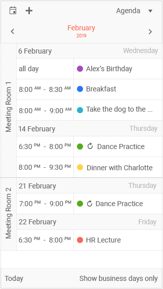 Telerik UI for ASP.NET MVC & Core Scheduler using the adaptive agenda view Telerik UI for ASP.NET MVC & Core Scheduler with an agenda view adapted for mobile view ports