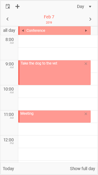 Kendo UI jQuery Scheduler showcasing a day view with an adapted user experience for mobile