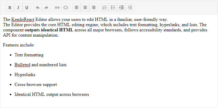 KendoReact Editor in Default View KendoReact Editor with some basic paragraphs and lists included as content.
