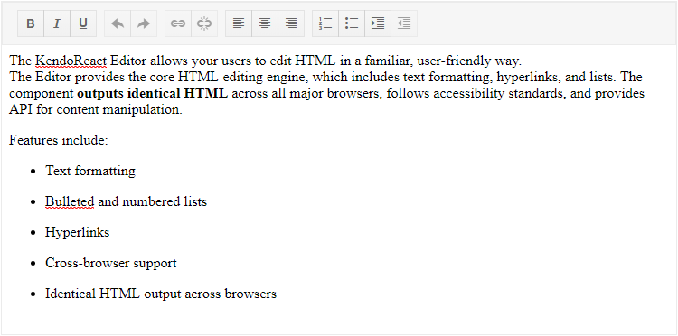 KendoReact Editor with some basic paragraphs and lists included as content.