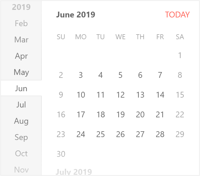 Default KendoReact Calendar Default KendoReact Calendar showing June 2019