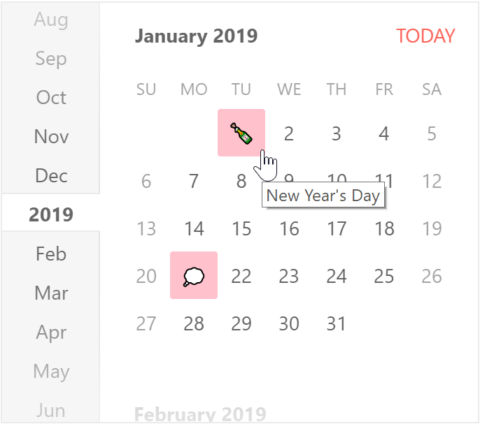 Custom KendoReact Calendar Custom KendoReact Calendar showcasing emojis for new year's day and martin luther king day