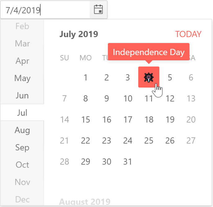 KendoReact DatePicker with Tooltips integrated with the custom calendar KendoReact DatePicker with Tooltips appearing when highlighting dates with the custom calendar