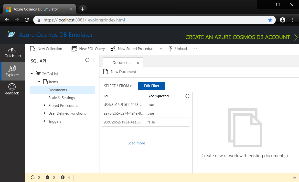 Azure Cosmos DB Emulator - Explorer Tab Azure Cosmos DB Emulator - Explorer Tab