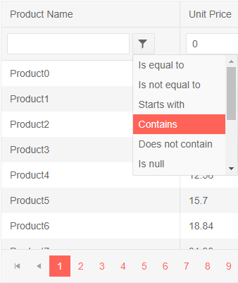 Telerik UI for Blazor Grid with filter list Telerik UI for Blazor Grid with filter list expanded providing options like contains, starts with, and others to be applied to current filter of a column