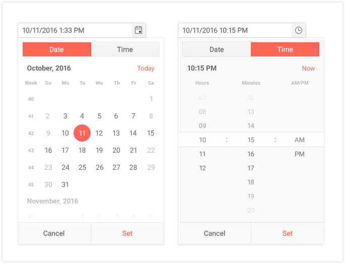 Kendo UI for Angulars new date time picker showcasing the calendar and time picker elements of the component