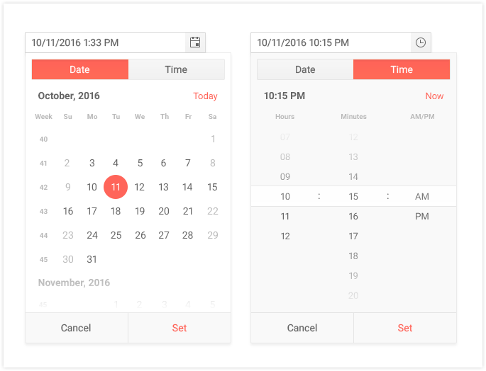 r3-2019-angular-datetimepicker Kendo UI for Angulars new date time picker showcasing the calendar and time picker elements of the component