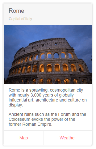 r3-2019-jquery-card Kendo UI Card component showcasing an image, text, as well as extra buttons to interact with the card