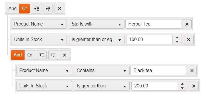 The Kendo UI jQuery filter component building out a filter expression