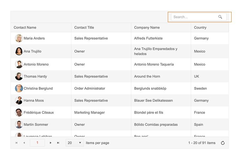 The Kendo UI Grid showcasing the new search panel feature, giving a search box in the top right of the component