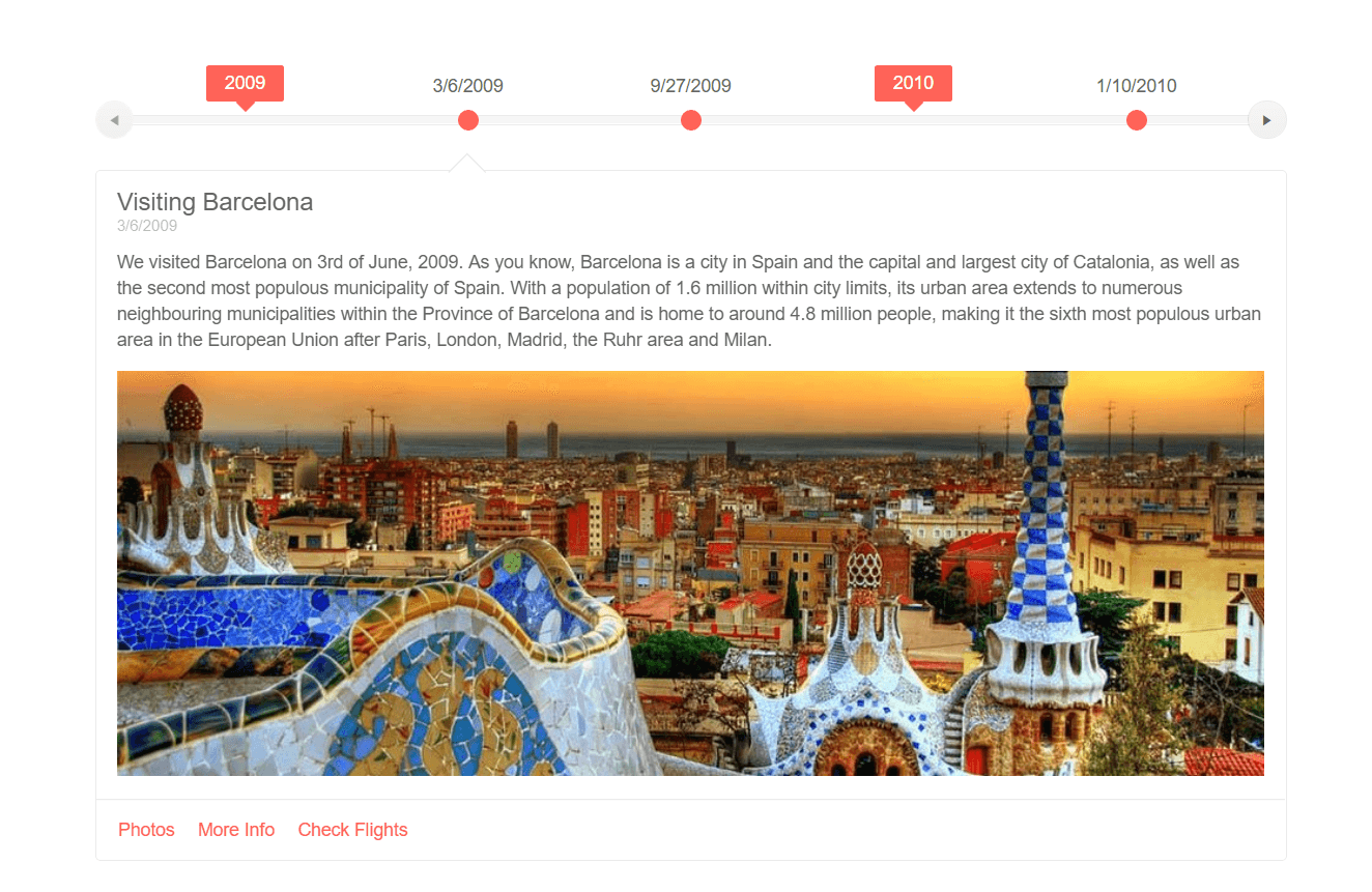 r3-2019-jquery-timeline The new Kendo UI Timeline component showcasing a timeline of event representing someones travel milestones
