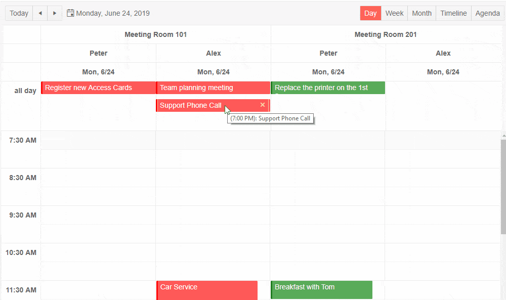 r3-2019-KendoReact-Scheduler-770px KendoReact Scheduler showcasing a calendar with several events, moving events around, and resizing events