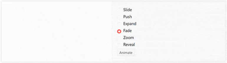 Kendo UI for Vue.js Animation component showcasing different animations like fade, slide and push on generic HTML elements that say "content"