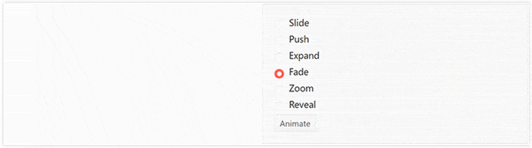 Kendo UI for Vue.js Animation Component Kendo UI for Vue.js Animation component showcasing different animations like fade, slide and push on generic HTML elements that say "content"