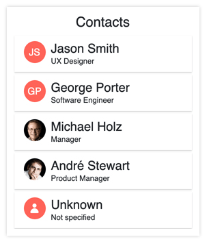 Kendo UI for Angular Avatar Component The Kendo UI for Angular Avatar component showcasing different implementations including a profile picture, icon, and name initials to represent someone.