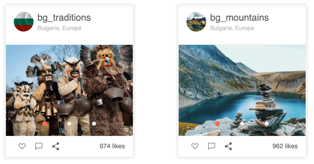 Kendo UI for Angular Card Component Showcase of the Kendo UI for Angular Card component with a couple of cards highlighting headers, content as images, as well as a custom footer template with social media sharing options