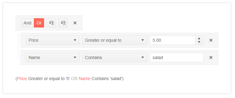 The Kendo UI jQuery Filter component with custom operators per field as well as a preview  of what the filter looks like