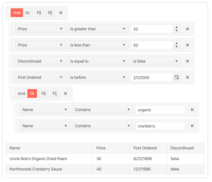 KendoReact Filter Component The KendoReact filter component building out a longer filter expression that includes multiple filters combined with and / or statements