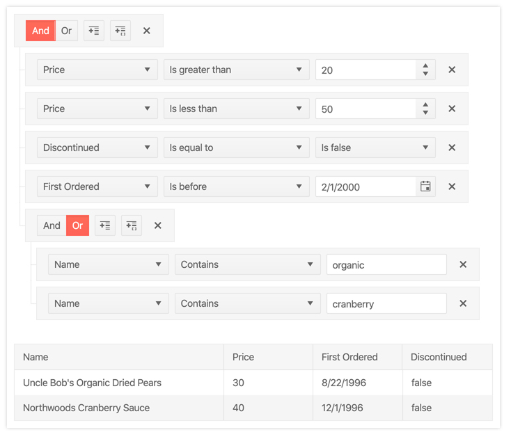 The KendoReact filter component building out a longer filter expression that includes multiple filters combined with and / or statements