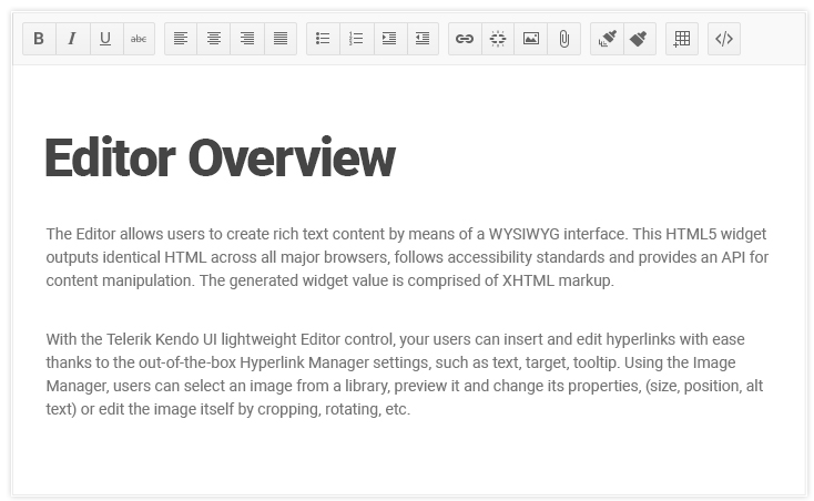 Image of the Kendo UI Editor with the traditional format painter tool icons (paint brushes) in the toolbar of the component