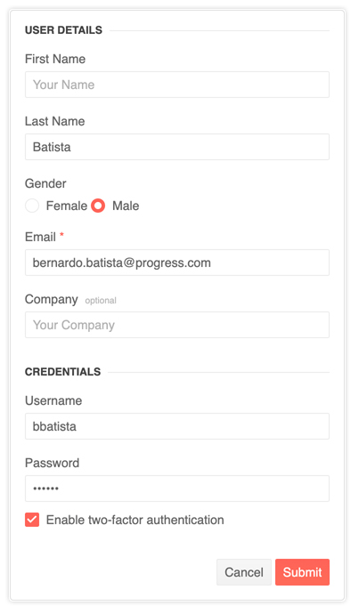 KendoReact Form Component KendoReact Form component highlighting a generic profile creation form styled with KendoReact styles