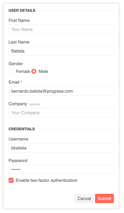 KendoReact Form component highlighting a generic profile creation form styled with KendoReact styles