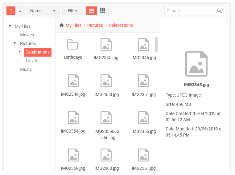 The Kendo UI file manager component showcasing folder navigation in a tree structure, a content area with various files and appropriate icons for each type (images, folders, etc.) as well as a preview pane with quick properties of the file listed as well