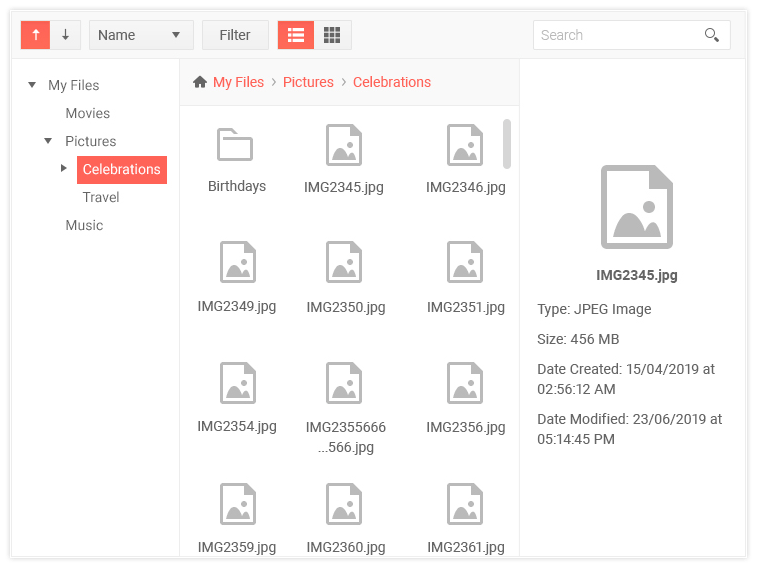 Kendo UI File Manager Component The Kendo UI file manager component showcasing folder navigation in a tree structure, a content area with various files and appropriate icons for each type (images, folders, etc.) as well as a preview pane with quick properties of the file listed as well