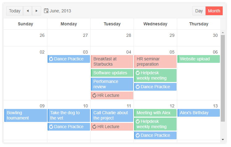 Screen cap showing the Kendo UI Scheduler with events spanning a height that is variable based on the content of each event