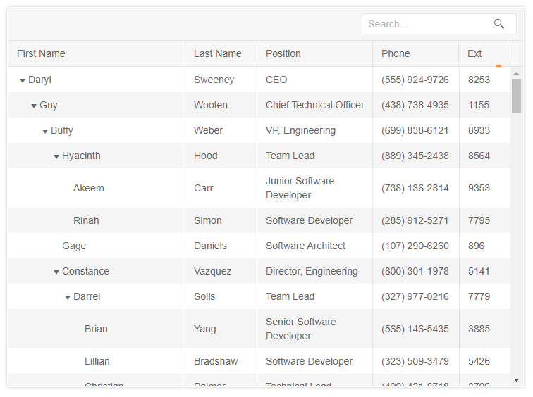 Kendo UI TreeList with Search Panel The Kendo UI TreeList with sample data showing the search panel in a top toolbar, giving users a search text box to filter the entire TreeList