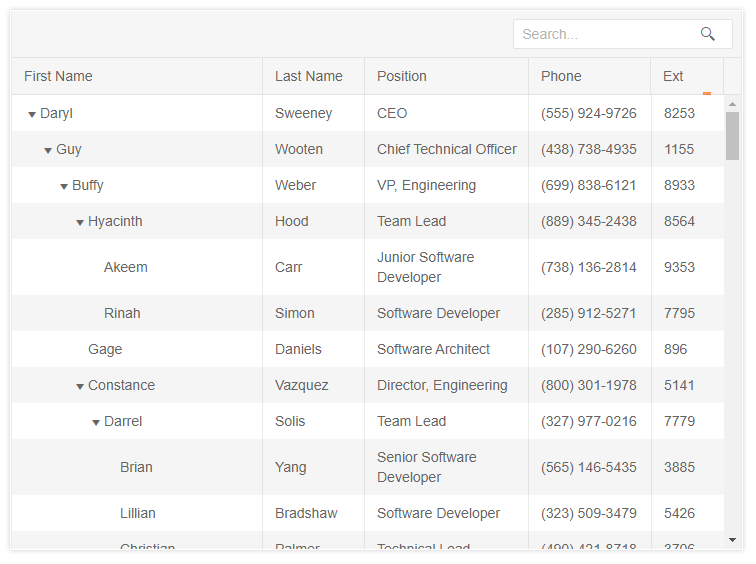 The Kendo UI TreeList with sample data showing the search panel in a top toolbar, giving users a search text box to filter the entire TreeList