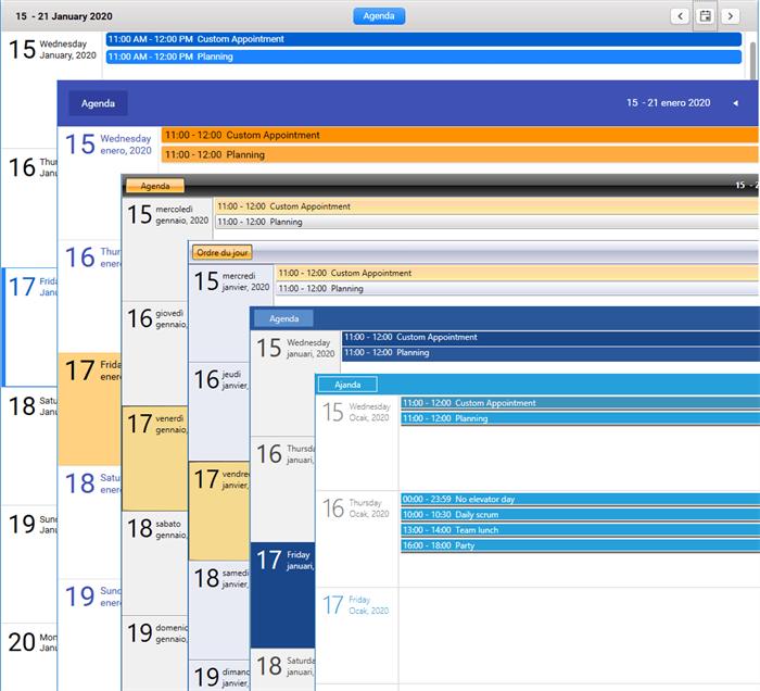 Agenda view localization and themes