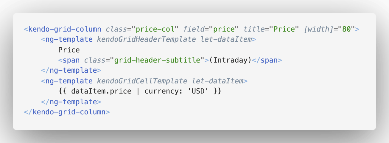 the price column in our kui angular grid