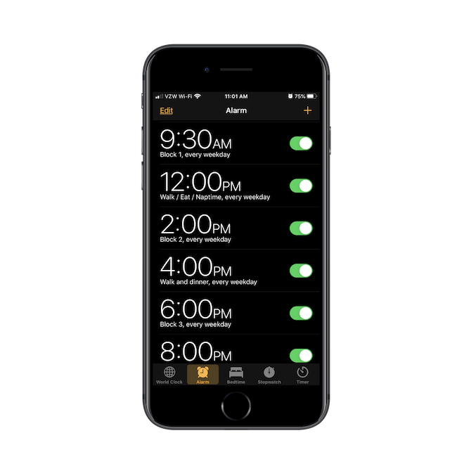 An example of schedule chunking. An iPhone clock app with multi-hour blocks of work scheduled amidst multi-hour blocks of breaks.