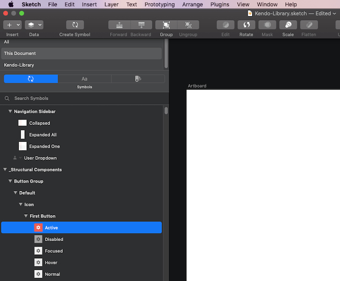 An example of a Kendo UI library’s naming conventions within Sketch. Each component is simply labeled, like “Navigation Sidebar” and then broken up into smaller patterns for “Collapsed”, “Expanded All”, “Expanded One”, and “User Dropdown”, for instance.